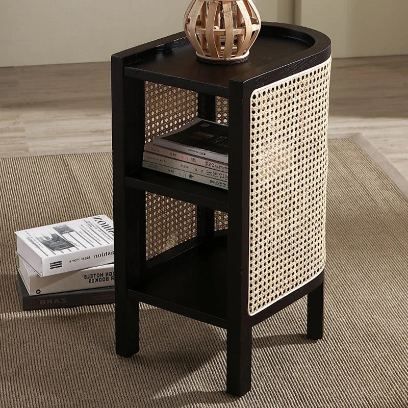Traditional Japanese Half Oval Solid Wood & Plywood Rattan Weaving Nightstand 3-Tier For Bedroom