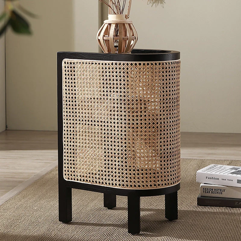 Traditional Japanese Half Oval Solid Wood & Plywood Rattan Weaving Nightstand 3-Tier For Bedroom