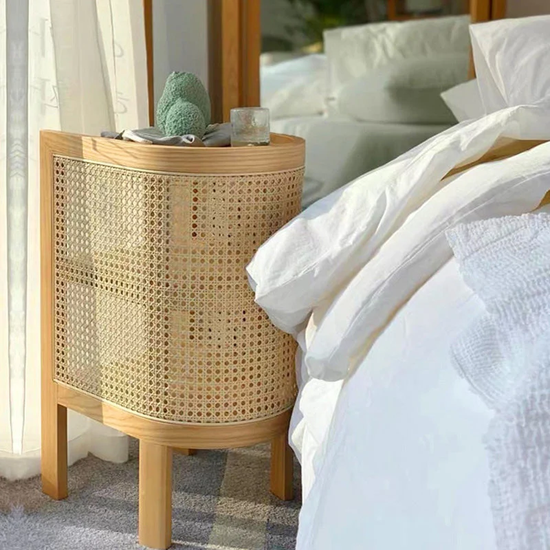 Traditional Japanese Half Oval Solid Wood & Plywood Rattan Weaving Nightstand 3-Tier For Bedroom