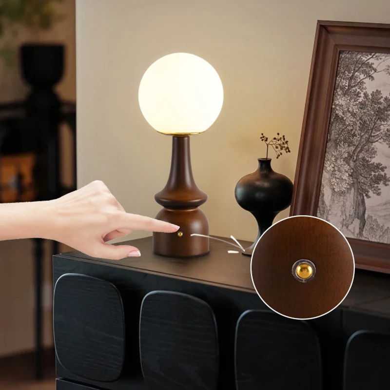 Traditional Vintage Column Wood Iron Glass LED Table Lamp For Living Room