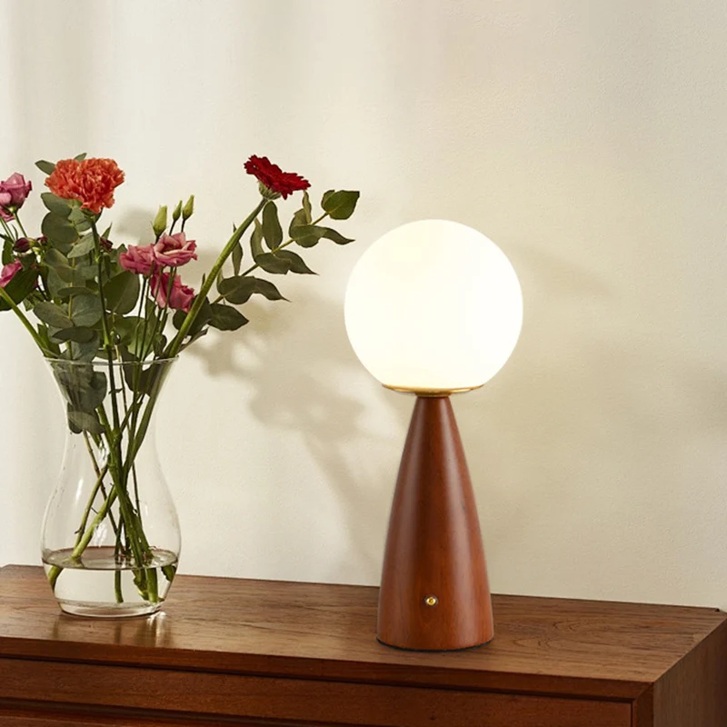 Traditional Vintage Column Wood Iron Glass LED Table Lamp For Living Room