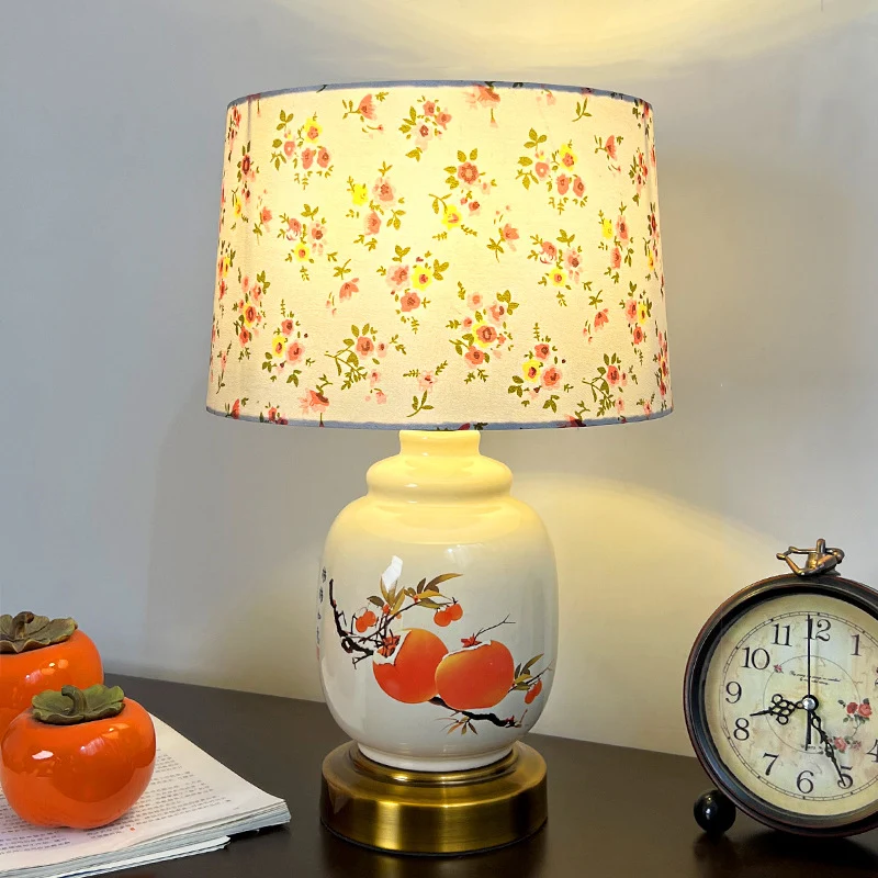 Traditional Chinese Oval Cylinder Persimmon Tree Branch Ceramic Metal Fabric 1-Light Table Lamp For Bedroom