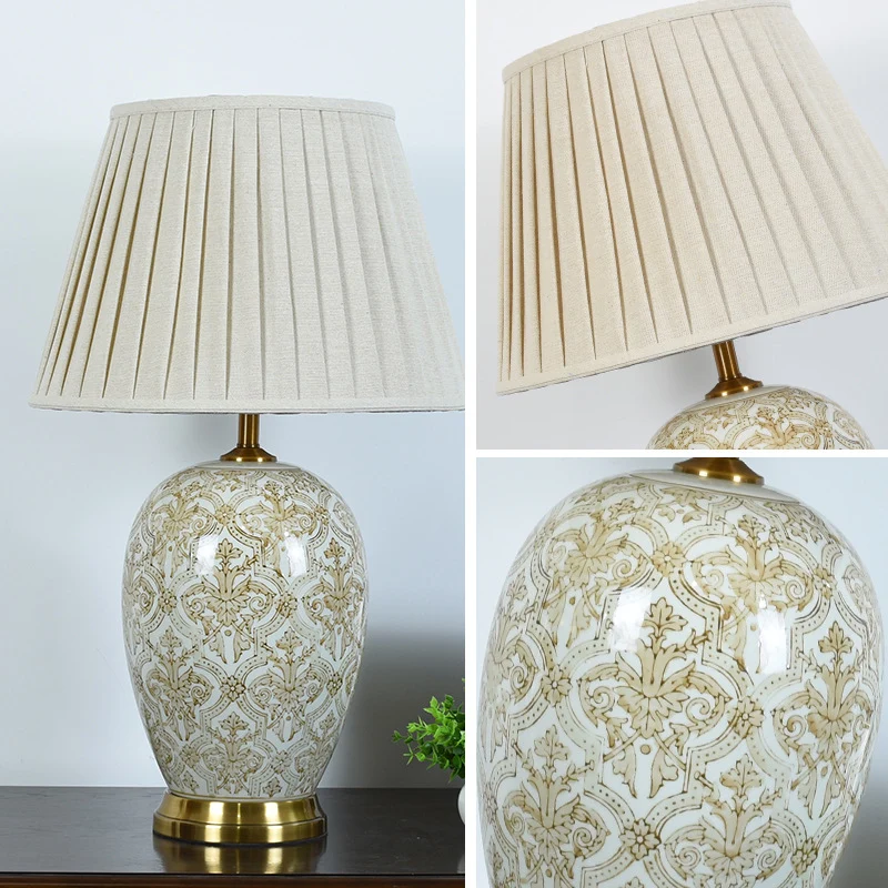 Traditional Vintage Oval Round Table Pleated Pattern Ceramic Metal Fabric 1-Light Table Lamp For Living Room