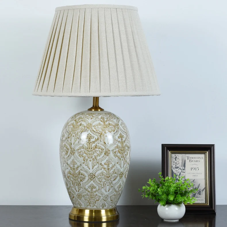Traditional Vintage Oval Round Table Pleated Pattern Ceramic Metal Fabric 1-Light Table Lamp For Living Room