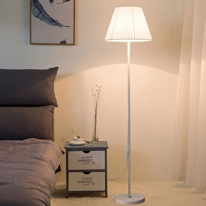 Modern Minimalist Drum Pleated Shape Iron Fabric 1-Light Standing Floor Lamp For Bedroom