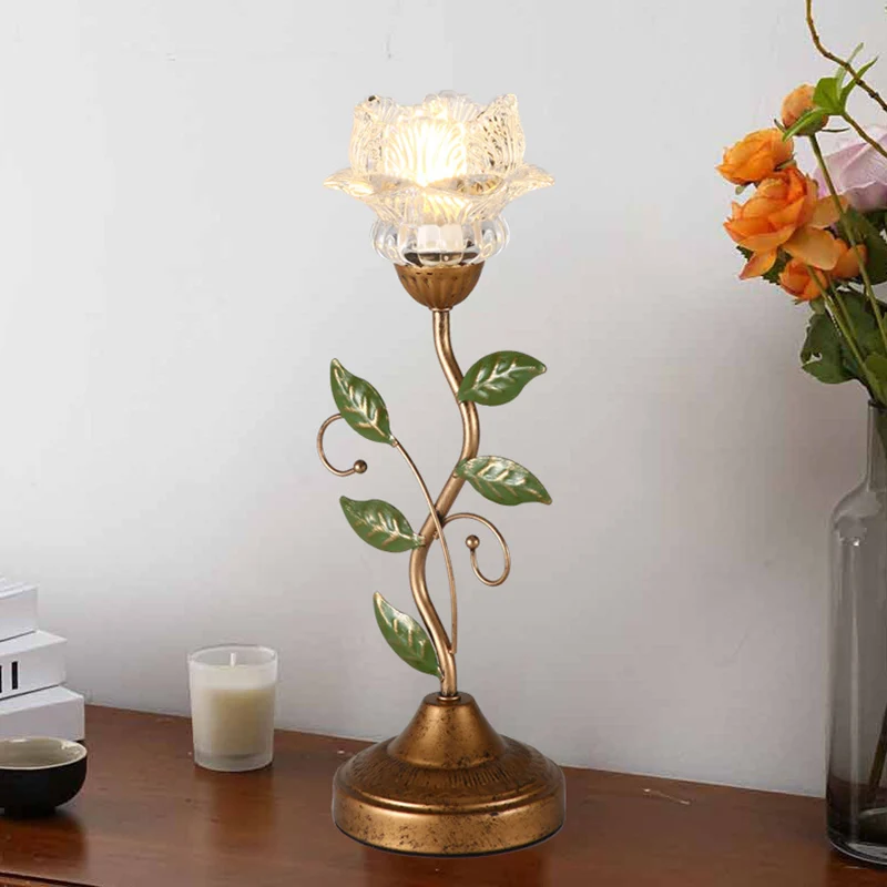 Traditional French Floral Leaf Round Glass Iron 1-Light Table Lamp For Bedroom