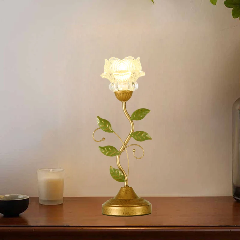 Traditional French Floral Leaf Round Glass Iron 1-Light Table Lamp For Bedroom