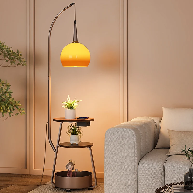 Contemporary Retro Fishing Rod Round Globe Wooden Coffee Table Iron Frame Glass Shade 1-Light Standing Floor Lamp For Living Room