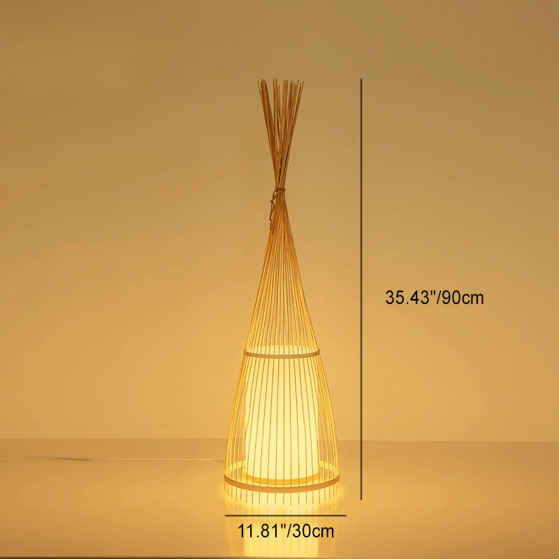 Traditional Vintage Cone Cylinder Bamboo Rattan 1-Light Standing Floor Lamp For Bedroom