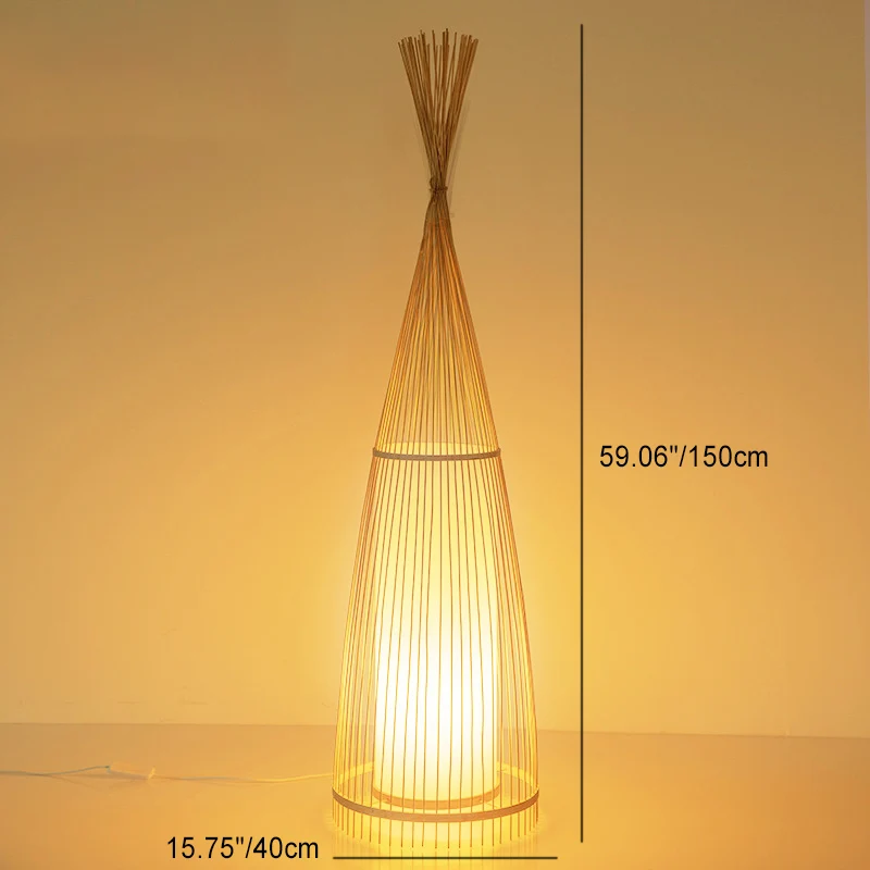 Traditional Vintage Cone Cylinder Bamboo Rattan 1-Light Standing Floor Lamp For Bedroom