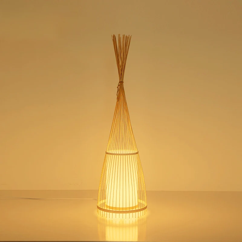 Traditional Vintage Cone Cylinder Bamboo Rattan 1-Light Standing Floor Lamp For Bedroom