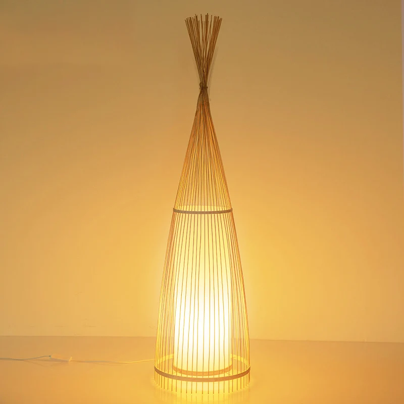 Traditional Vintage Cone Cylinder Bamboo Rattan 1-Light Standing Floor Lamp For Bedroom