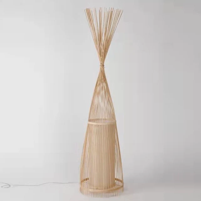Traditional Vintage Cone Cylinder Bamboo Rattan 1-Light Standing Floor Lamp For Bedroom