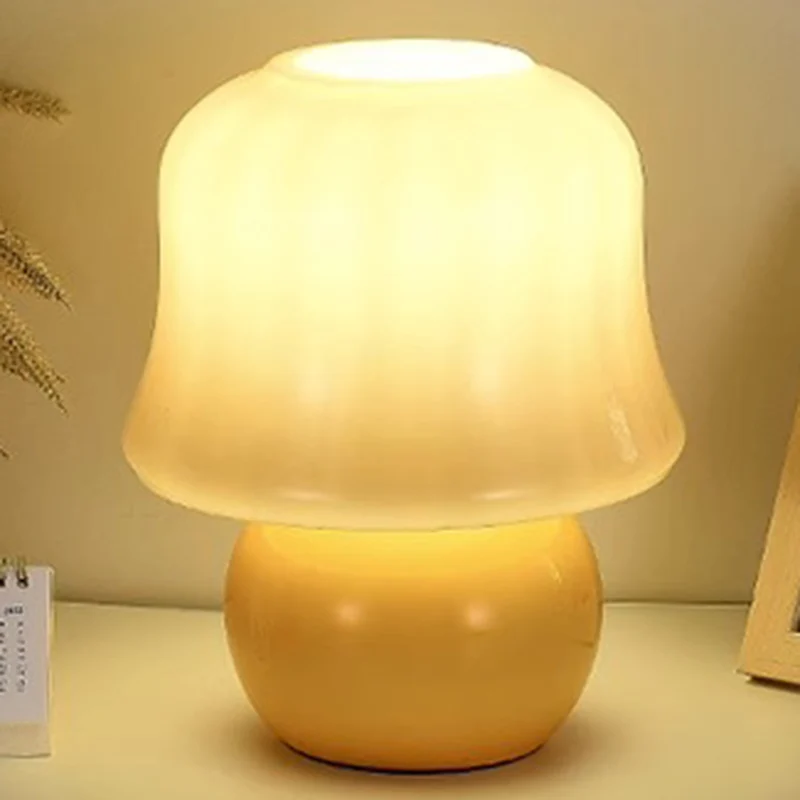 Contemporary Scandinavian Cream Mushroom Shape Round Glass 1-Light Table Lamp For Bedroom