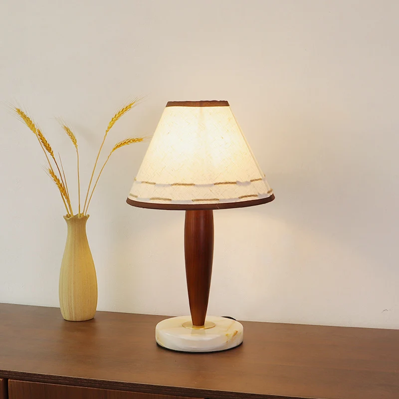 Table Lamp Mid-Century Modern Solid Wood & Marble with Tapered Fabric Shade for Bedroom