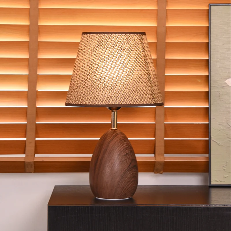 Modern Scandinavian Table Lamp with Iron & Woven Rattan Base and Tapered Shade for Bedroom