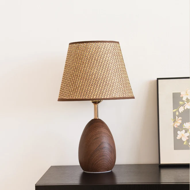Modern Scandinavian Table Lamp with Iron & Woven Rattan Base and Tapered Shade for Bedroom