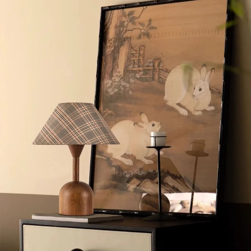 Modern Mid-Century Tapered Plaid Lampshade Ash Wood Fabric 1-Light Table Lamp for Bedroom