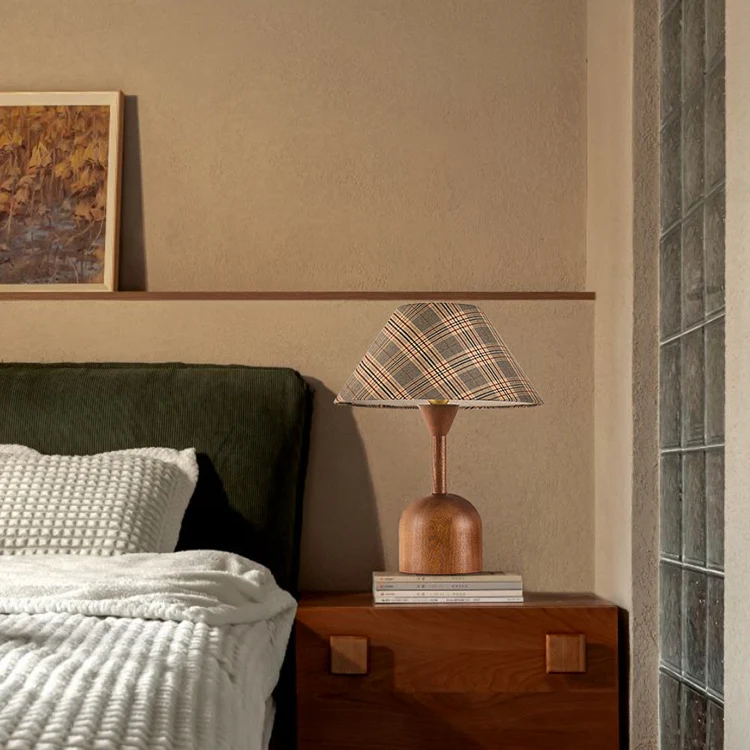 Modern Mid-Century Tapered Plaid Lampshade Ash Wood Fabric 1-Light Table Lamp for Bedroom