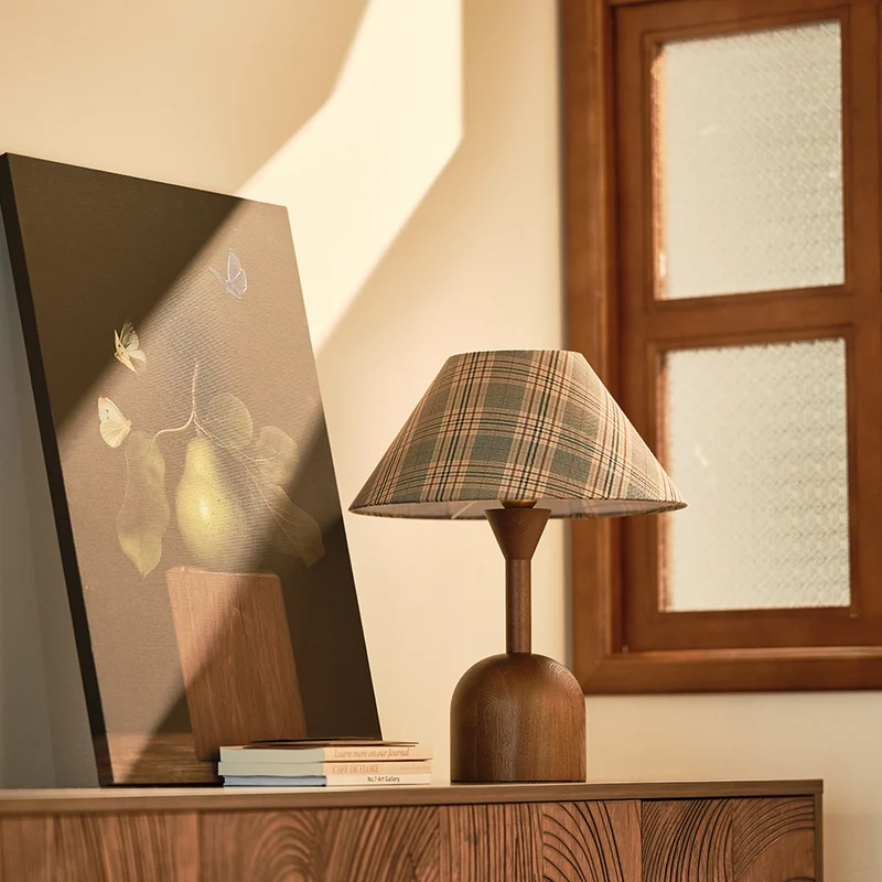 Modern Mid-Century Tapered Plaid Lampshade Ash Wood Fabric 1-Light Table Lamp for Bedroom
