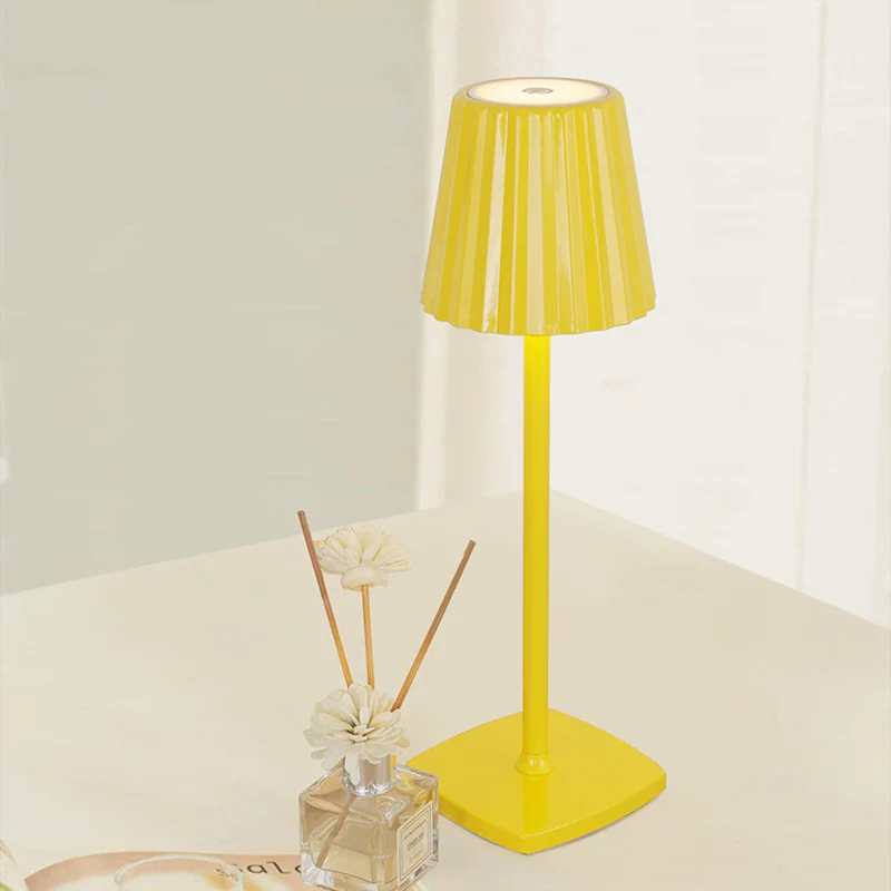 Contemporary Scandinavian Rechargeable Iron Acrylic Pleated Cylinder LED Table Lamp Night Light For Bedroom