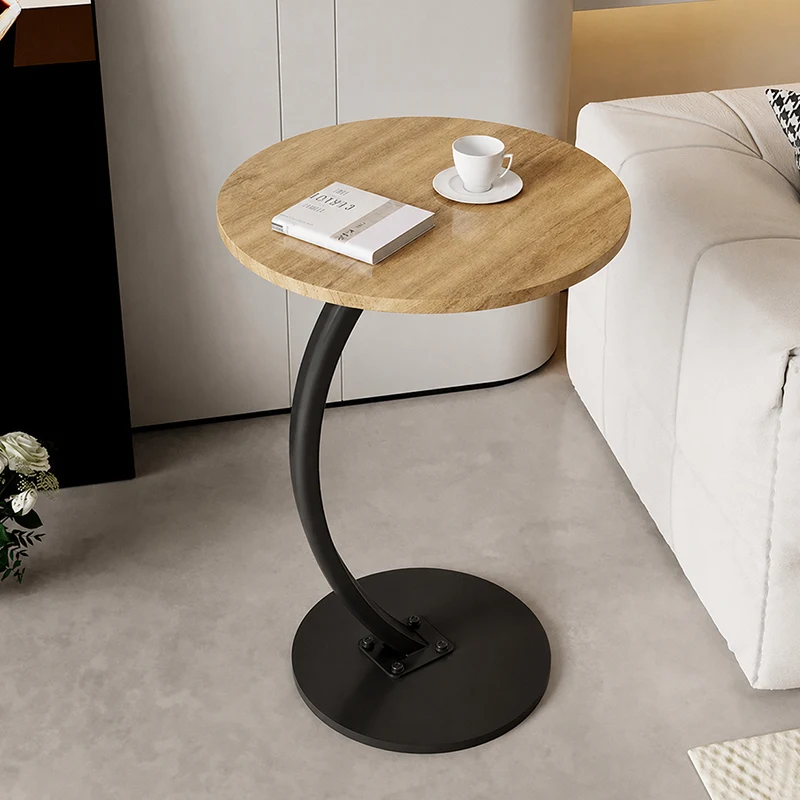 Modern Minimalist Round Wood Grain MDF Stainless Steel End Table For Living Room