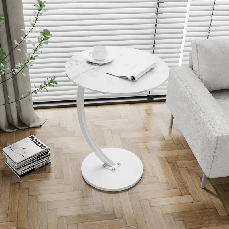 Modern Minimalist Round Wood Grain MDF Stainless Steel End Table For Living Room
