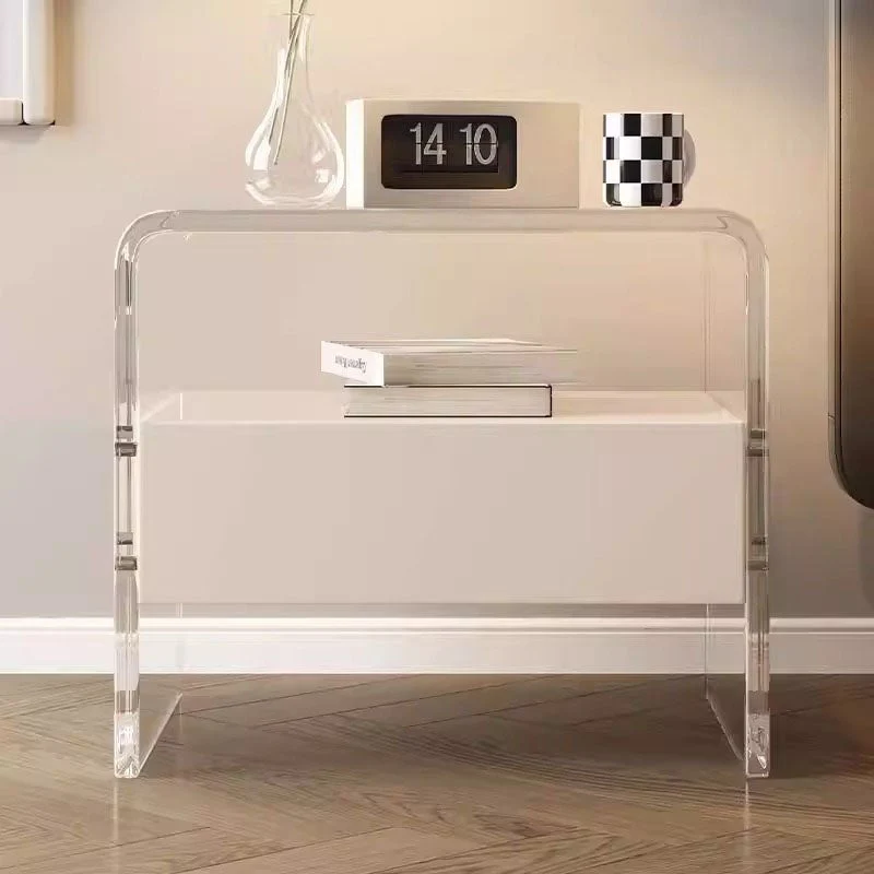 Modern Minimalist Rectangular Acrylic MDF Pine Wood Nightstand 1-Shelf For Bedroom
