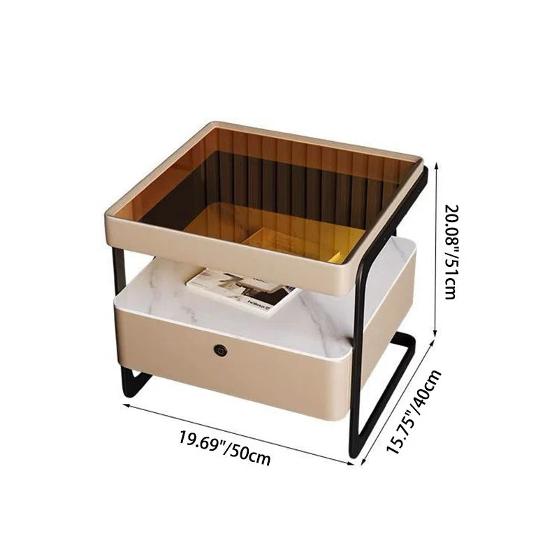 Contemporary Nordic Rectangular Reinforced Glass Cat Scratch Leather Stone Slab Iron Pine Wood Nightstand 1-Drawer For Bedroom