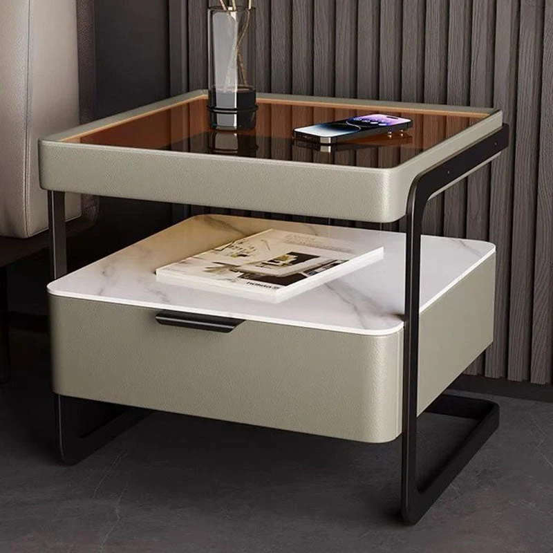 Contemporary Nordic Rectangular Reinforced Glass Cat Scratch Leather Stone Slab Iron Pine Wood Nightstand 1-Drawer For Bedroom