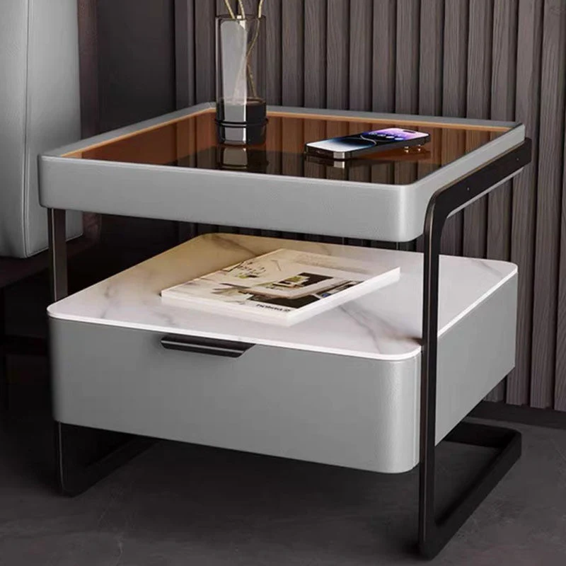 Contemporary Nordic Rectangular Reinforced Glass Cat Scratch Leather Stone Slab Iron Pine Wood Nightstand 1-Drawer For Bedroom