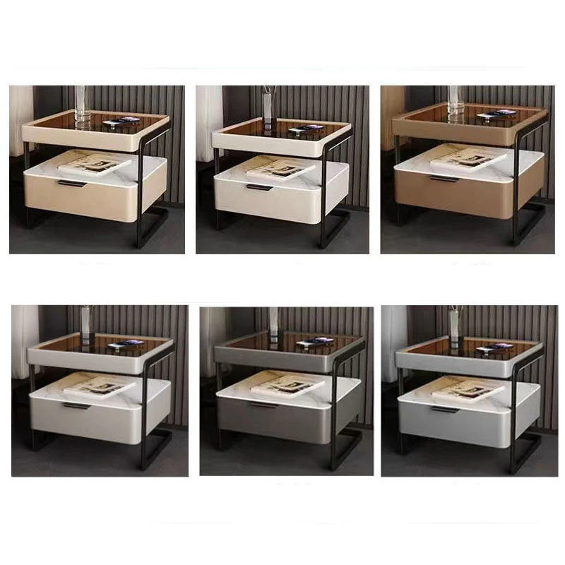 Contemporary Nordic Rectangular Reinforced Glass Cat Scratch Leather Stone Slab Iron Pine Wood Nightstand 1-Drawer For Bedroom