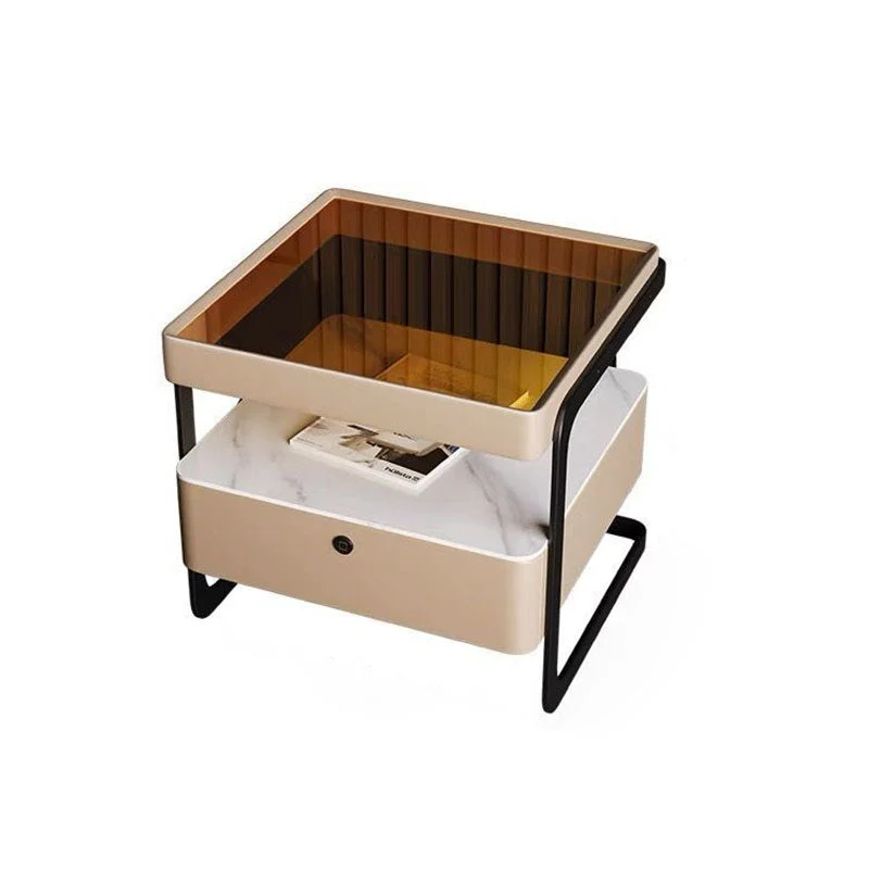 Contemporary Nordic Rectangular Reinforced Glass Cat Scratch Leather Stone Slab Iron Pine Wood Nightstand 1-Drawer For Bedroom