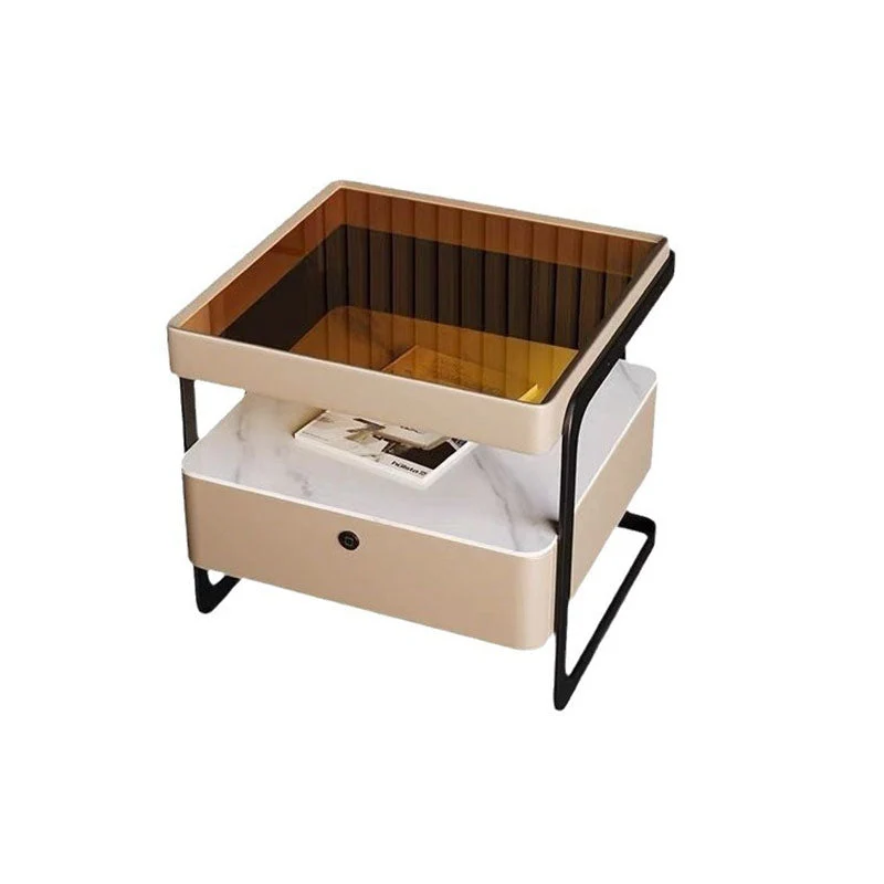 Contemporary Nordic Rectangular Reinforced Glass Cat Scratch Leather Stone Slab Iron Pine Wood Nightstand 1-Drawer For Bedroom