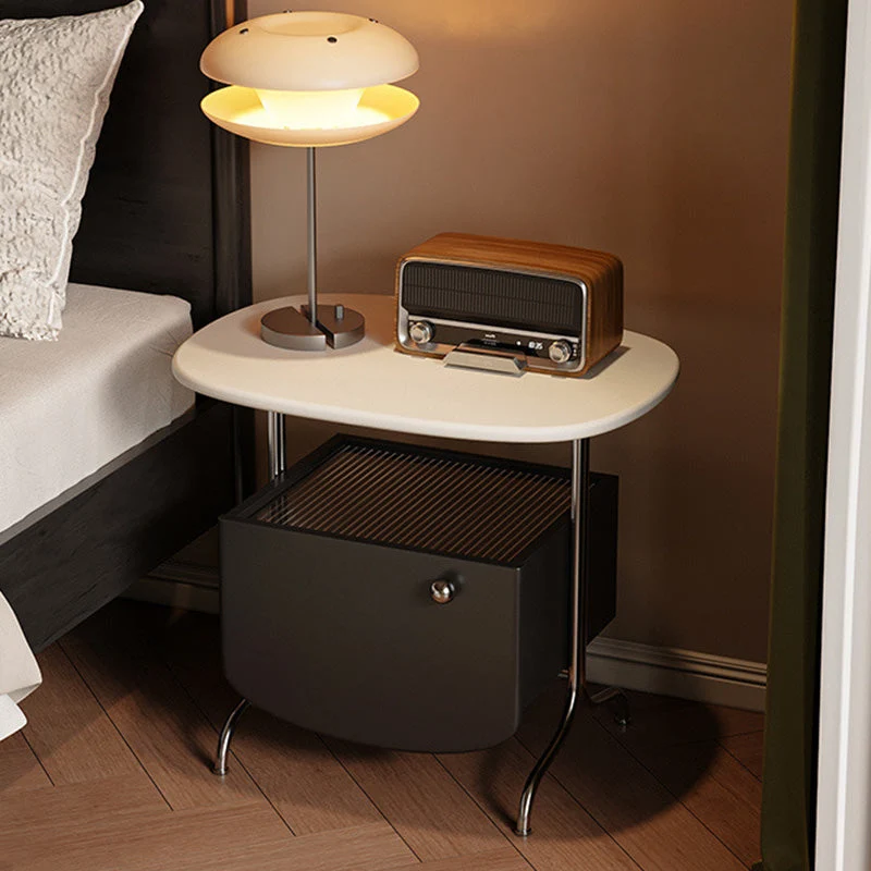 Modern Minimalist Oval Rectangle MDF Glass Stainless Steel Nightstand 1-Drawer For Bedroom