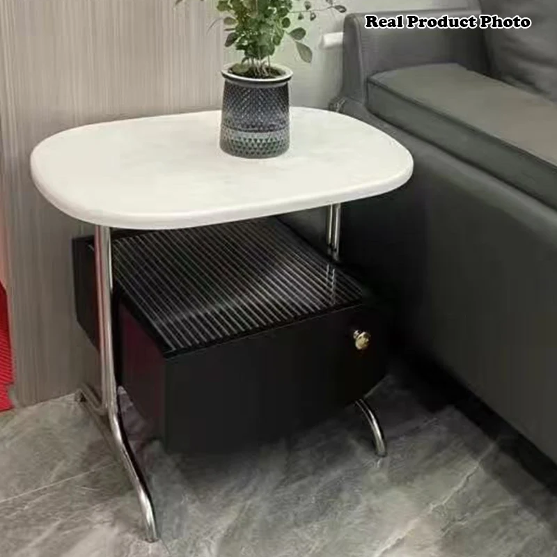 Modern Minimalist Oval Rectangle MDF Glass Stainless Steel Nightstand 1-Drawer For Bedroom