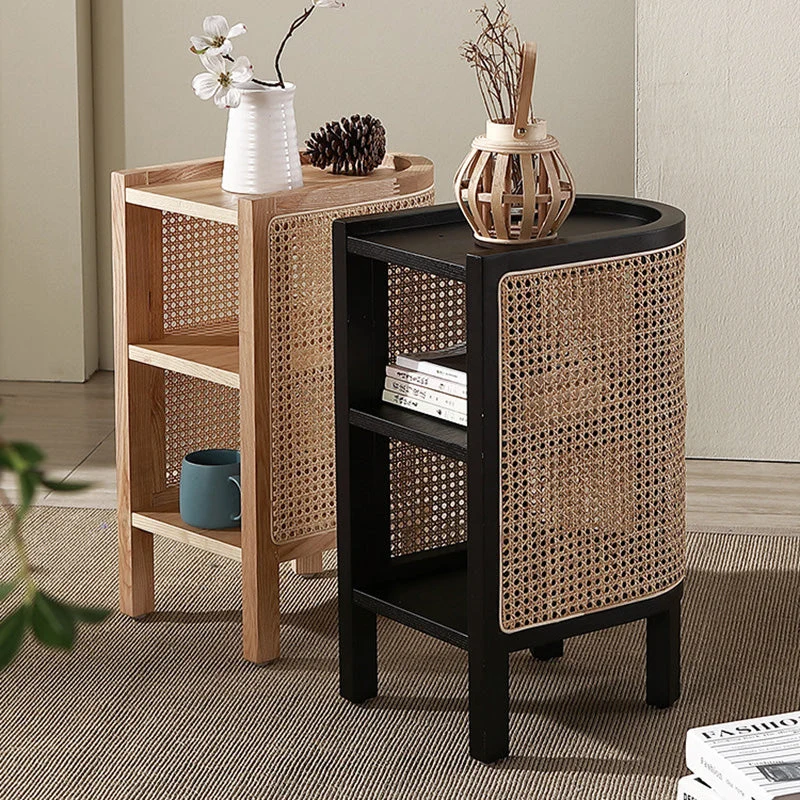 Traditional Japanese Weaving Semicircular Elliptical Faux Rattan Ash Wood Nightstand 2-Storage For Bedside