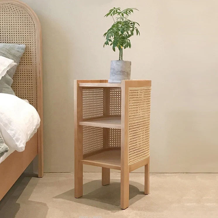 Traditional Japanese Weaving Semicircular Elliptical Faux Rattan Ash Wood Nightstand 2-Storage For Bedside