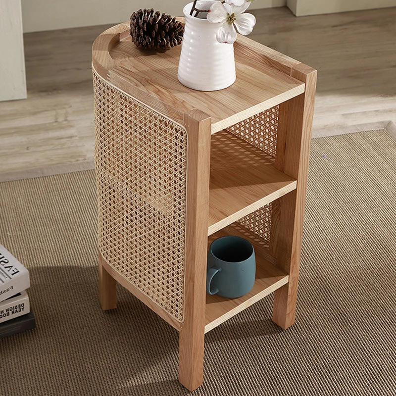 Traditional Japanese Weaving Semicircular Elliptical Faux Rattan Ash Wood Nightstand 2-Storage For Bedside