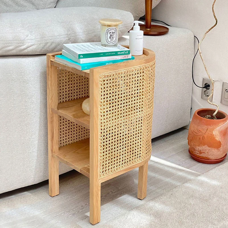 Traditional Japanese Weaving Semicircular Elliptical Faux Rattan Ash Wood Nightstand 2-Storage For Bedside