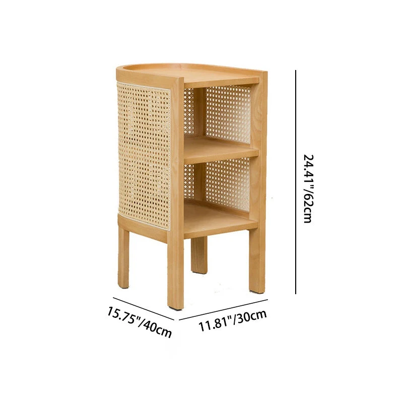 Traditional Japanese Weaving Semicircular Elliptical Faux Rattan Ash Wood Nightstand 2-Storage For Bedside