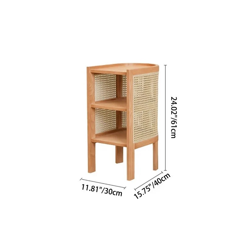 Traditional Japanese Weaving Semicircular Elliptical Faux Rattan Ash Wood Nightstand 2-Storage For Bedside