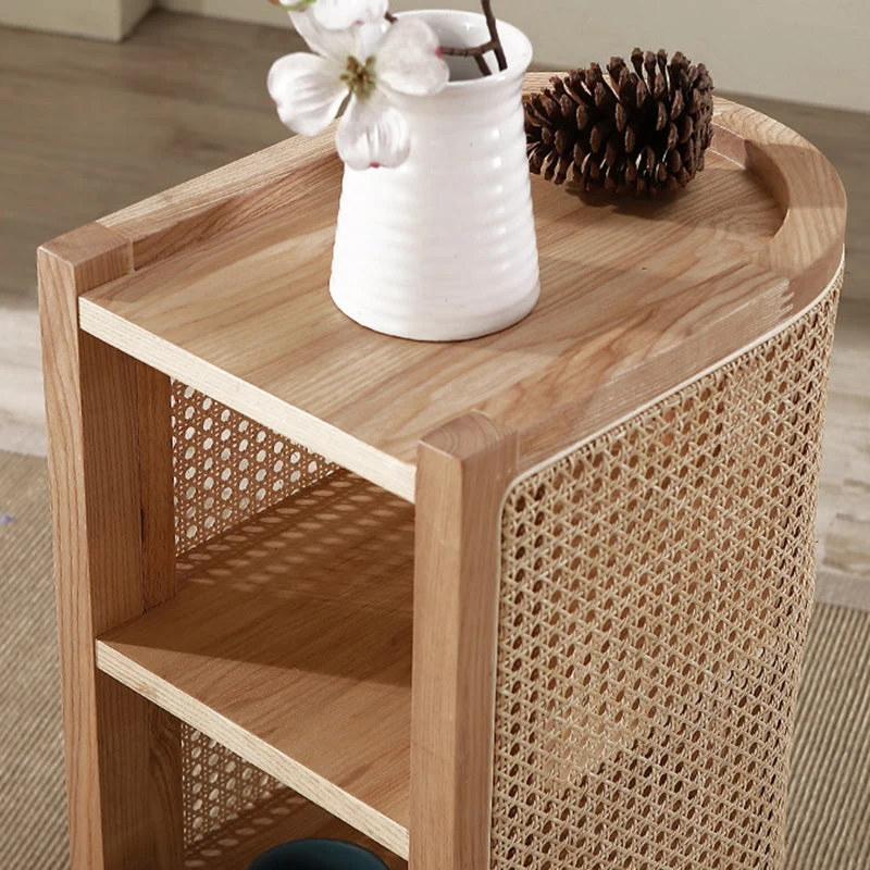 Traditional Japanese Weaving Semicircular Elliptical Faux Rattan Ash Wood Nightstand 2-Storage For Bedside