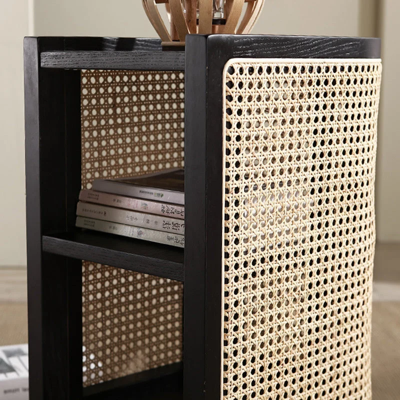 Traditional Japanese Weaving Semicircular Elliptical Faux Rattan Ash Wood Nightstand 2-Storage For Bedside
