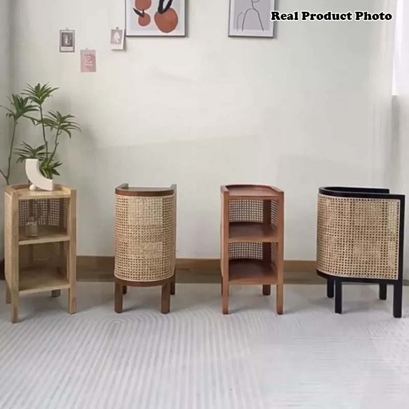 Traditional Japanese Weaving Semicircular Elliptical Faux Rattan Ash Wood Nightstand 2-Storage For Bedside