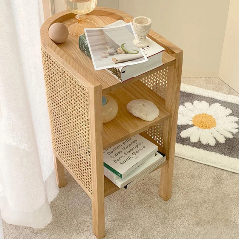 Traditional Japanese Weaving Semicircular Elliptical Faux Rattan Ash Wood Nightstand 2-Storage For Bedside