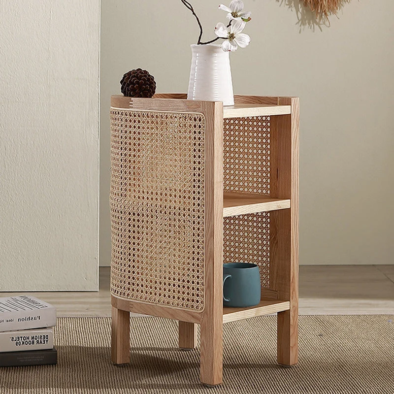 Traditional Japanese Weaving Semicircular Elliptical Faux Rattan Ash Wood Nightstand 2-Storage For Bedside