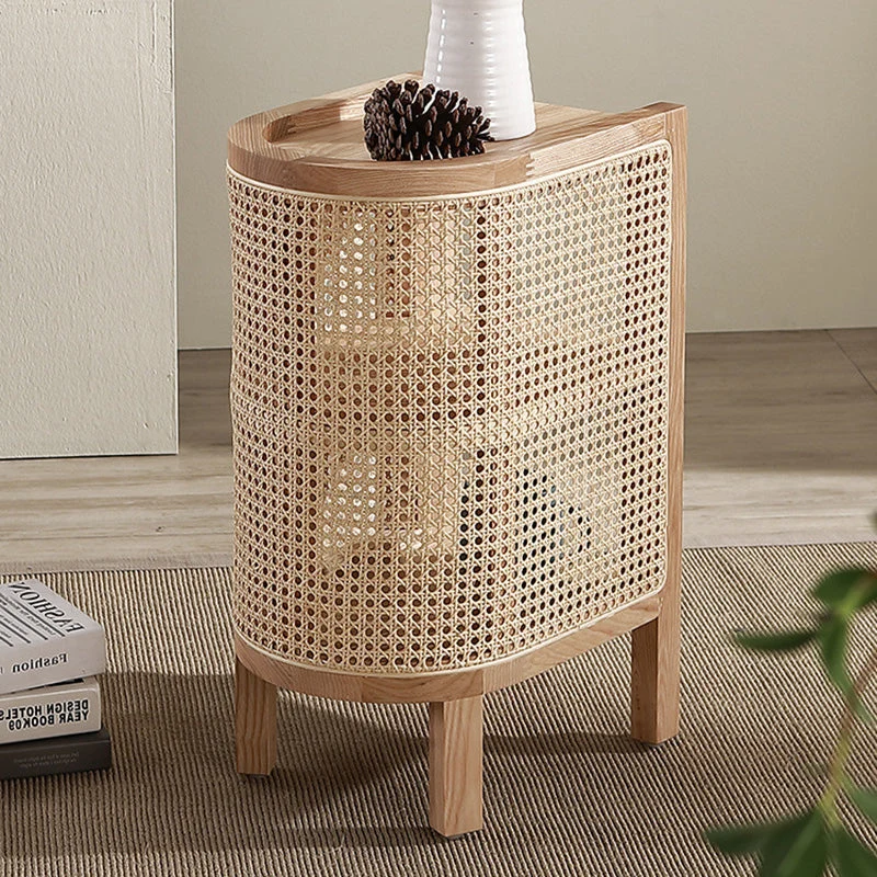 Traditional Japanese Weaving Semicircular Elliptical Faux Rattan Ash Wood Nightstand 2-Storage For Bedside