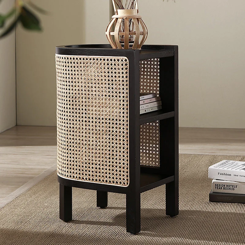 Traditional Japanese Weaving Semicircular Elliptical Faux Rattan Ash Wood Nightstand 2-Storage For Bedside
