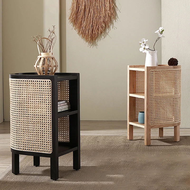 Traditional Japanese Weaving Semicircular Elliptical Faux Rattan Ash Wood Nightstand 2-Storage For Bedside